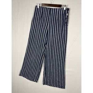 GAP Wide Leg Linen Blend Button Waist Pants Women 6 PETITE Blue Stripe Nautical
